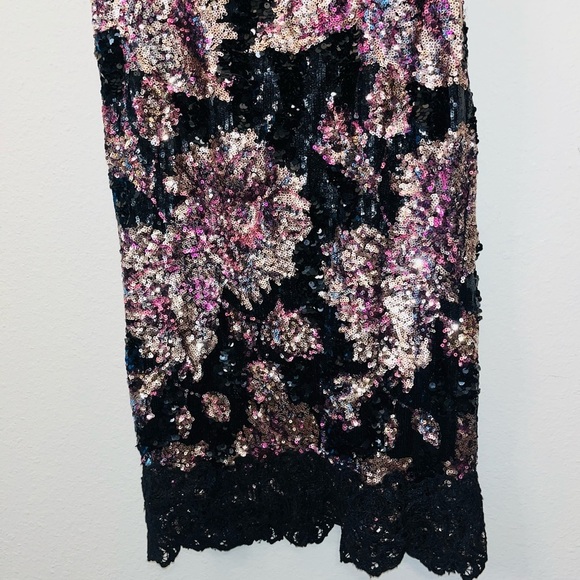 MARCHESA NOTTE dress black pink 8 floral sequin lace off the shoulder formal - Picture 9 of 16